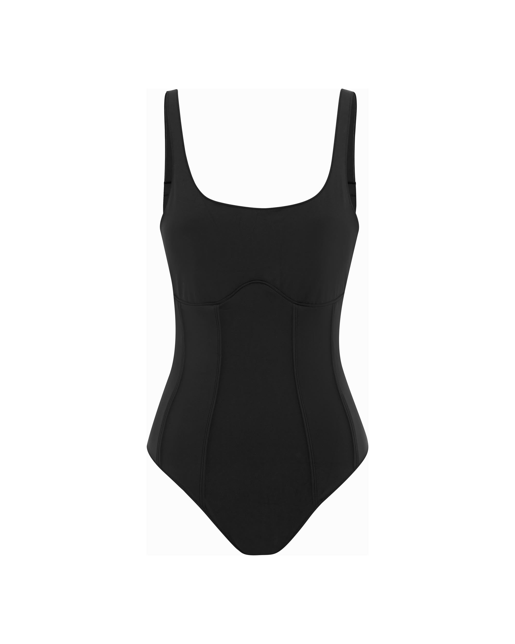 Studio image of the Outline One Piece in Black, showcasing its contour piping details and square neck design. 