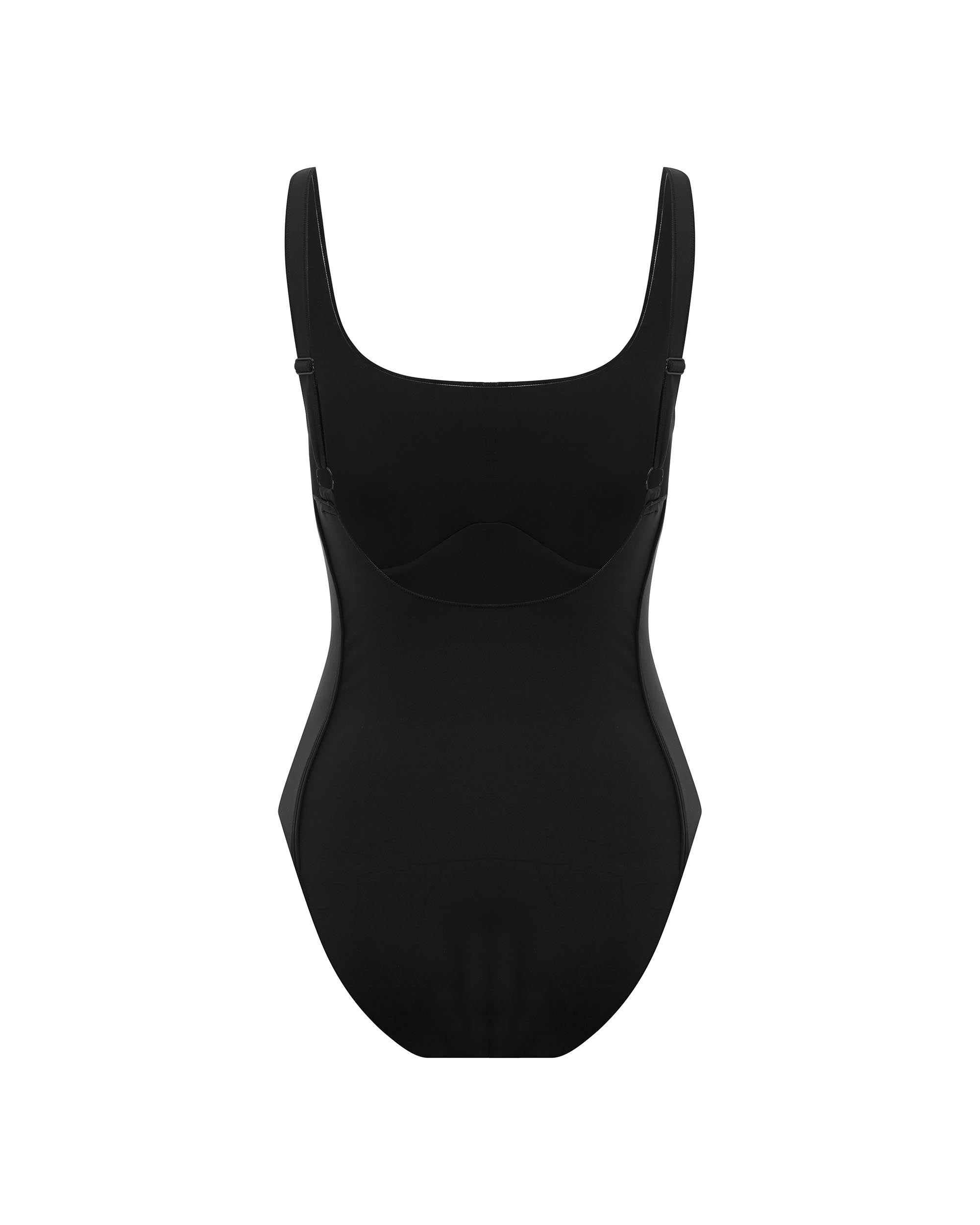 Studio image of the back of the Outline One Piece in Black, showcasing its adjustable shoulder straps and contour piping. 