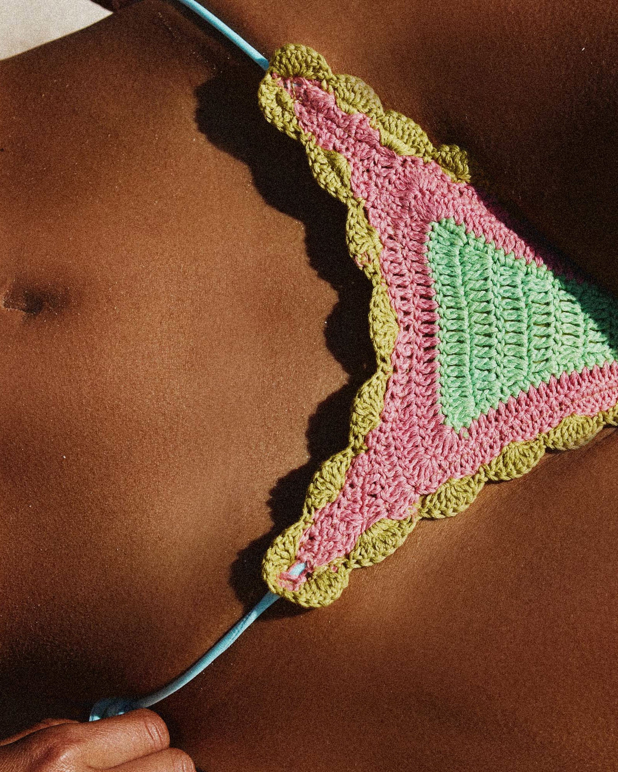 Lifestyle shot of the Crochet Tie Pant - Paddle Pop.