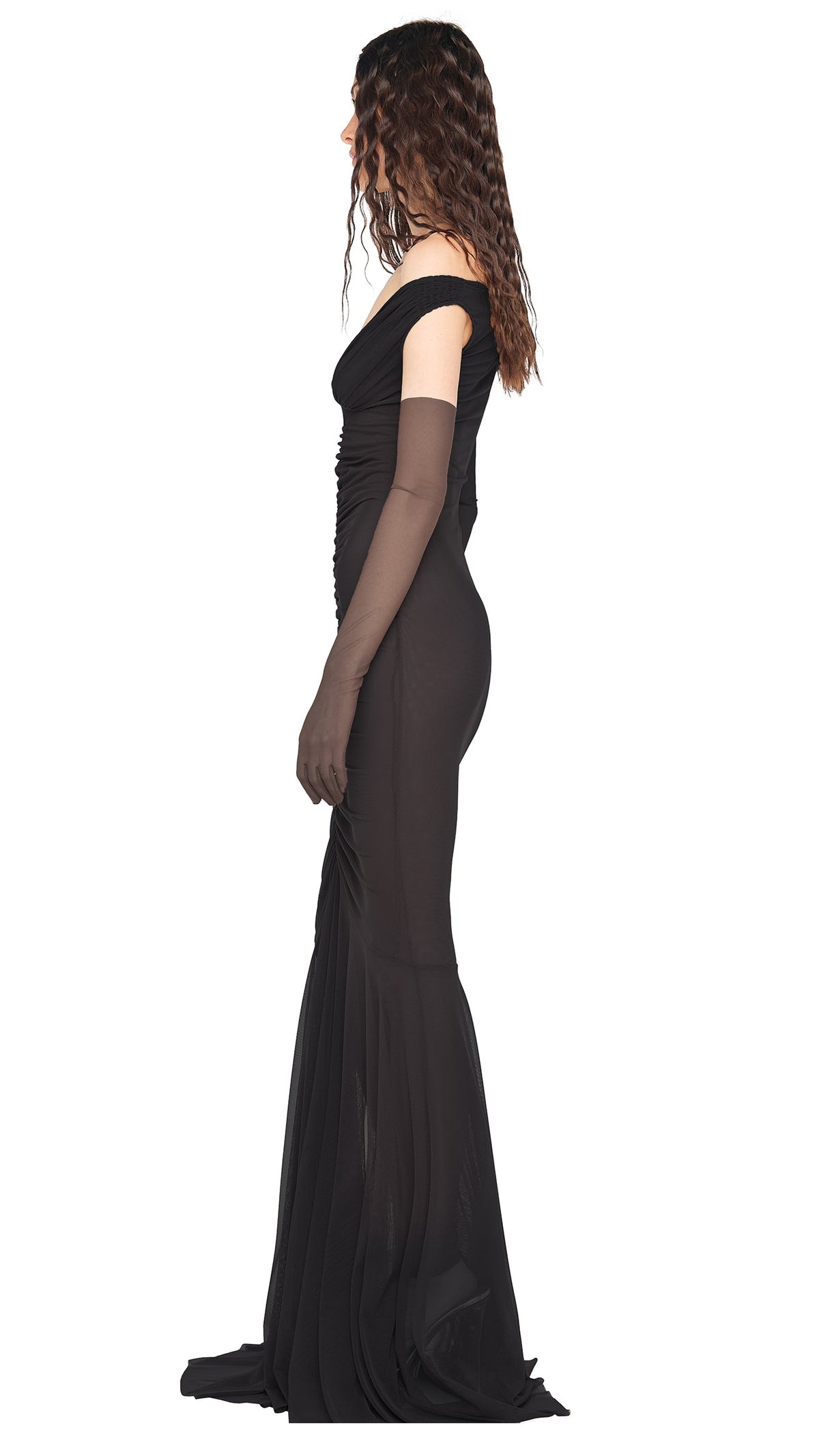 TARA SHIRRED FRONT FISHTAIL GOWN