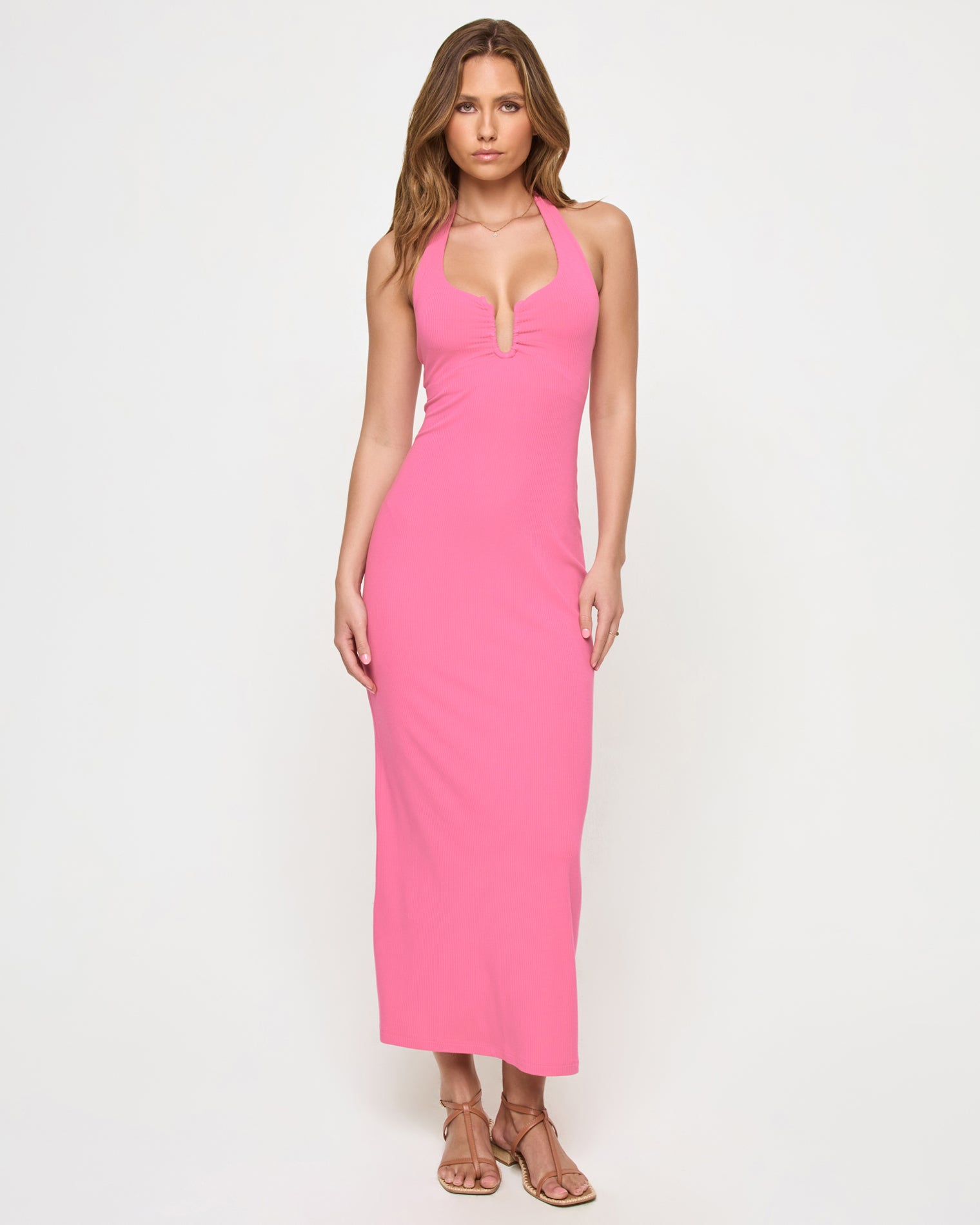 Pink maxi dress with deep v-neckline