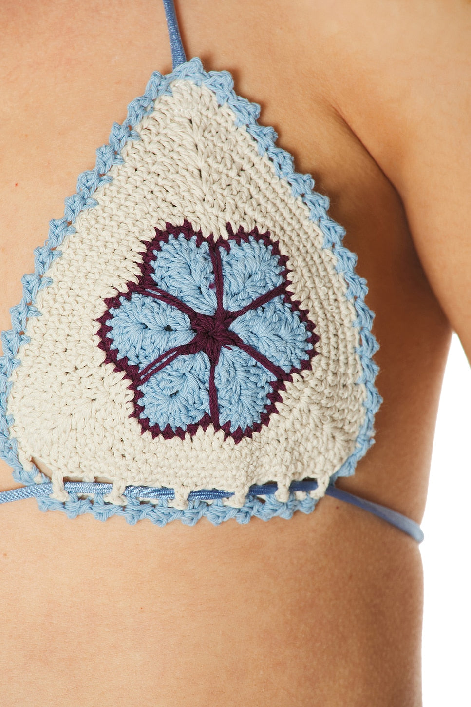 Ava Hibiscus Crochet Bikini Top | Blue - White