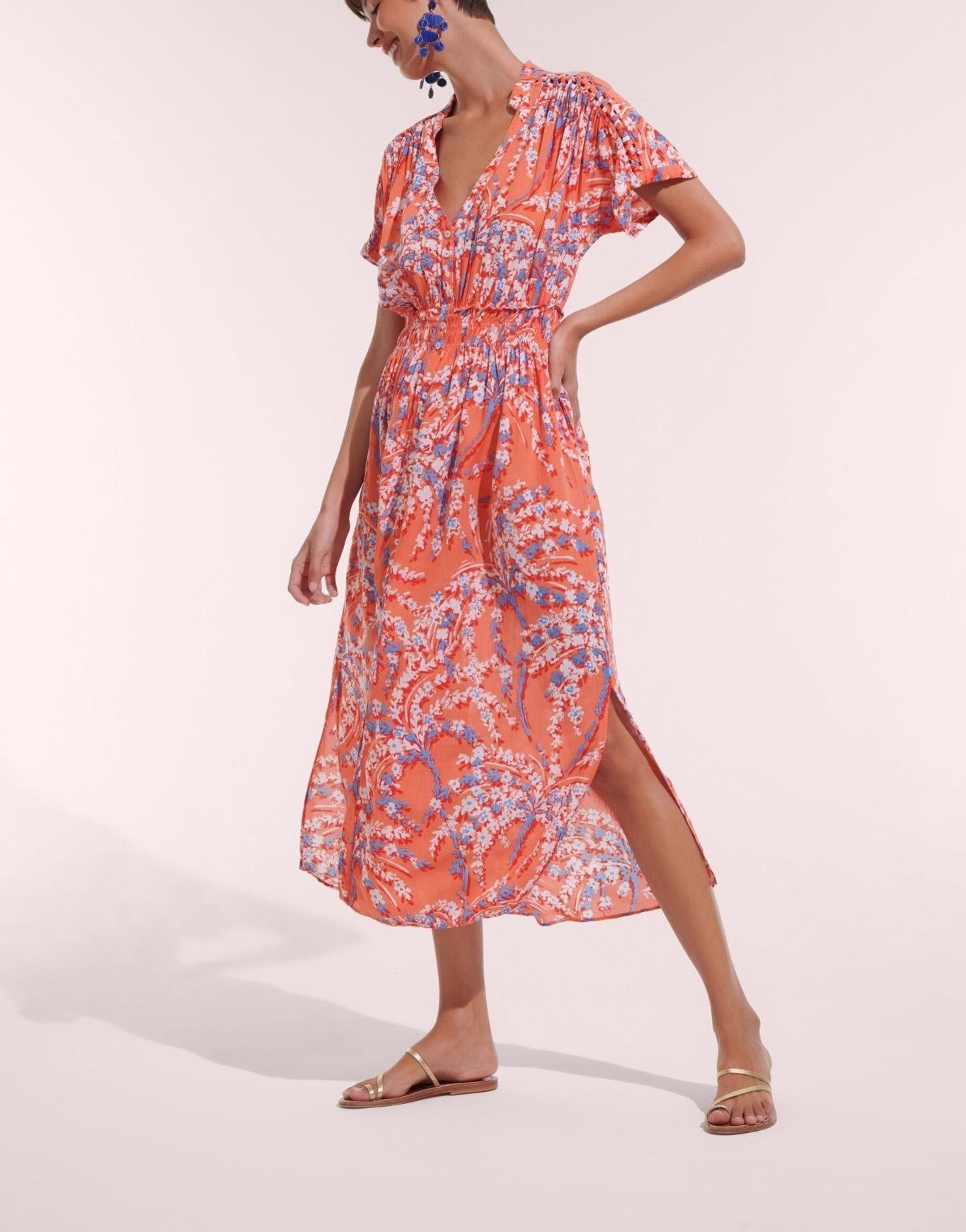Poupette St Barth | Long Dress Becky V CK | Orange Palmery