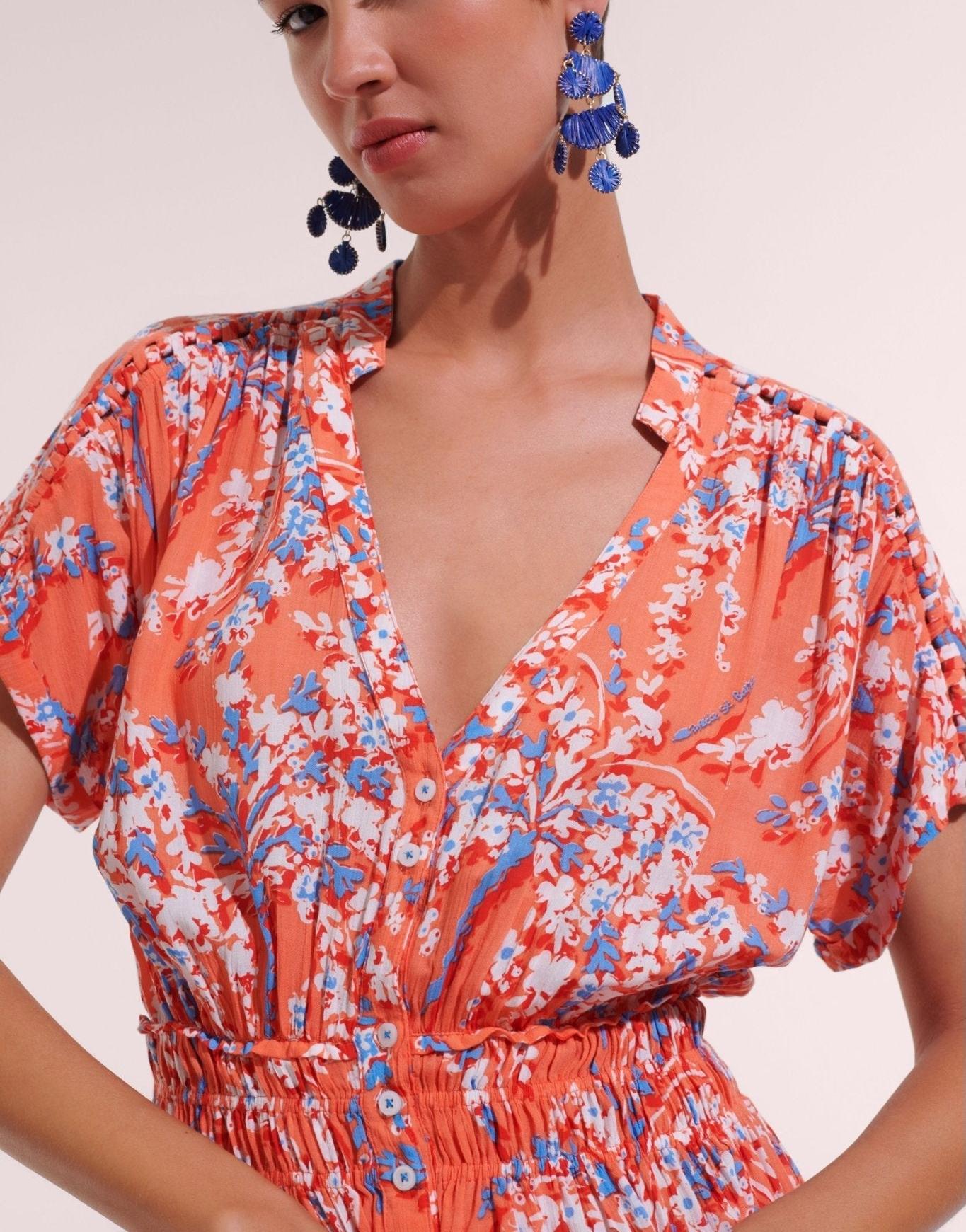 Poupette St Barth | Long Dress Becky V CK | Orange Palmery