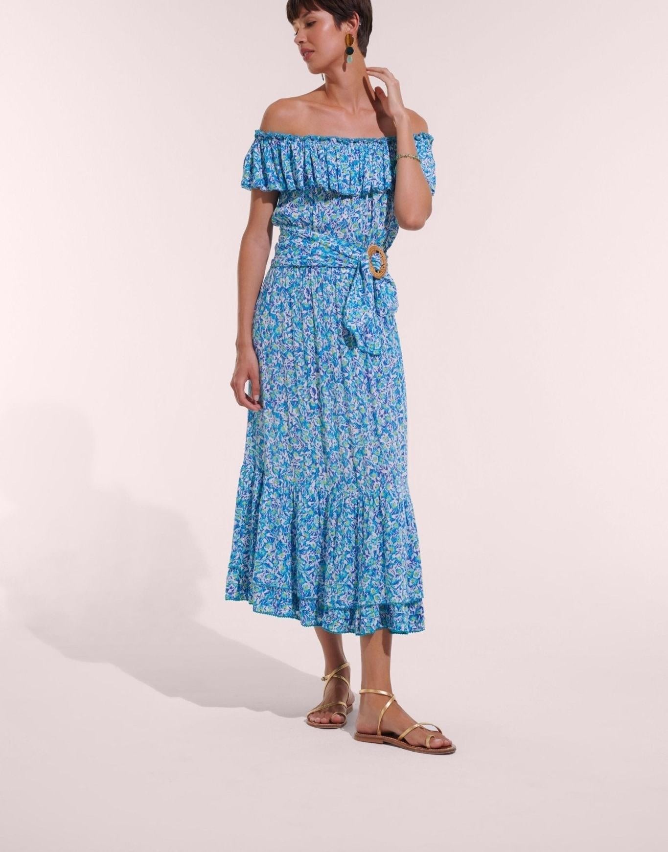 Poupette St Barth | Long Dress Bella V CK | Blue Ocean Flowers