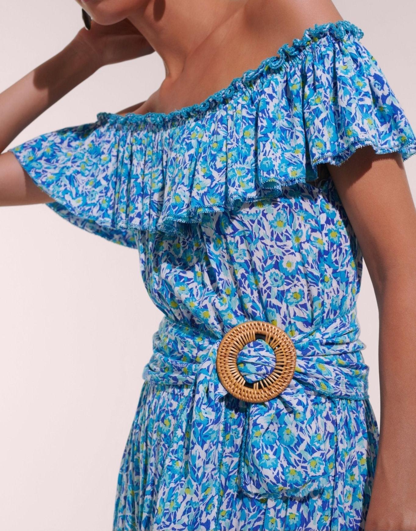 Poupette St Barth | Long Dress Bella V CK | Blue Ocean Flowers