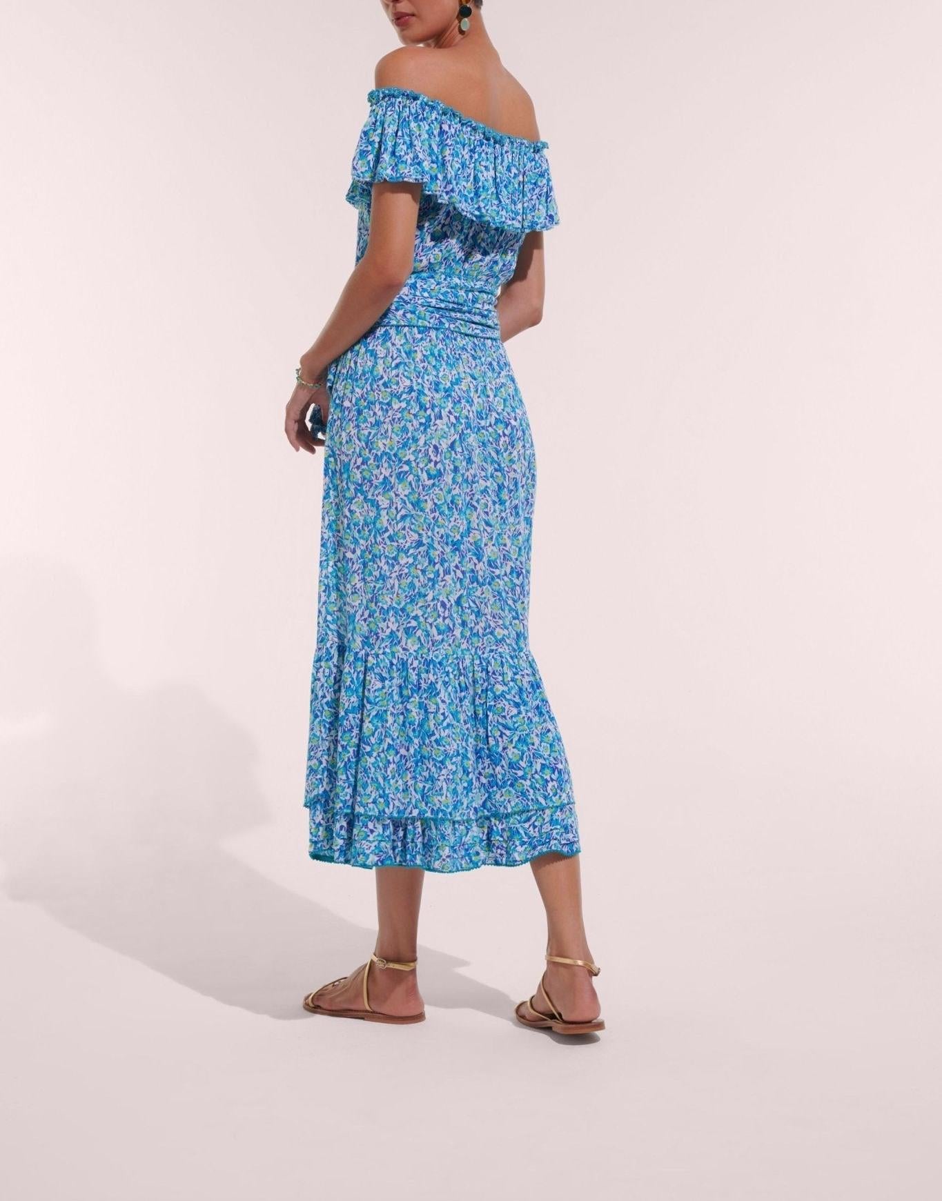 Poupette St Barth | Long Dress Bella V CK | Blue Ocean Flowers