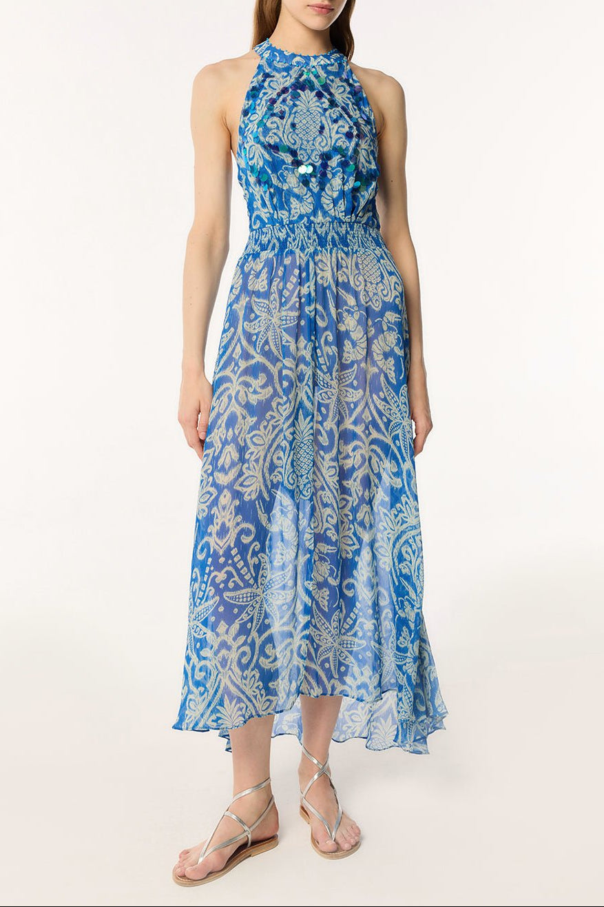 Long Dress Clea - Turquoise Macro Ikat - Poupette St Barth