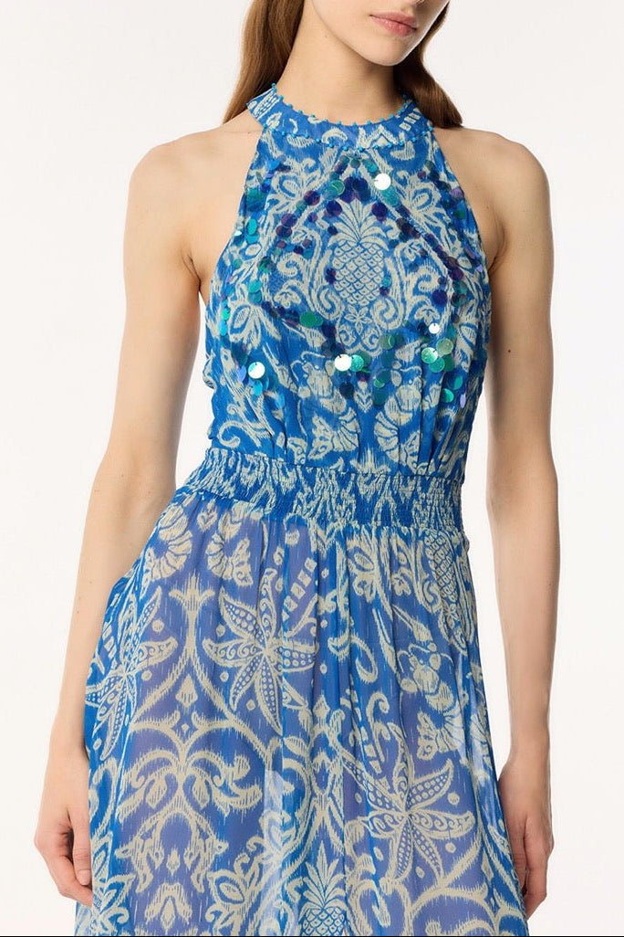 Long Dress Clea - Turquoise Macro Ikat - Poupette St Barth