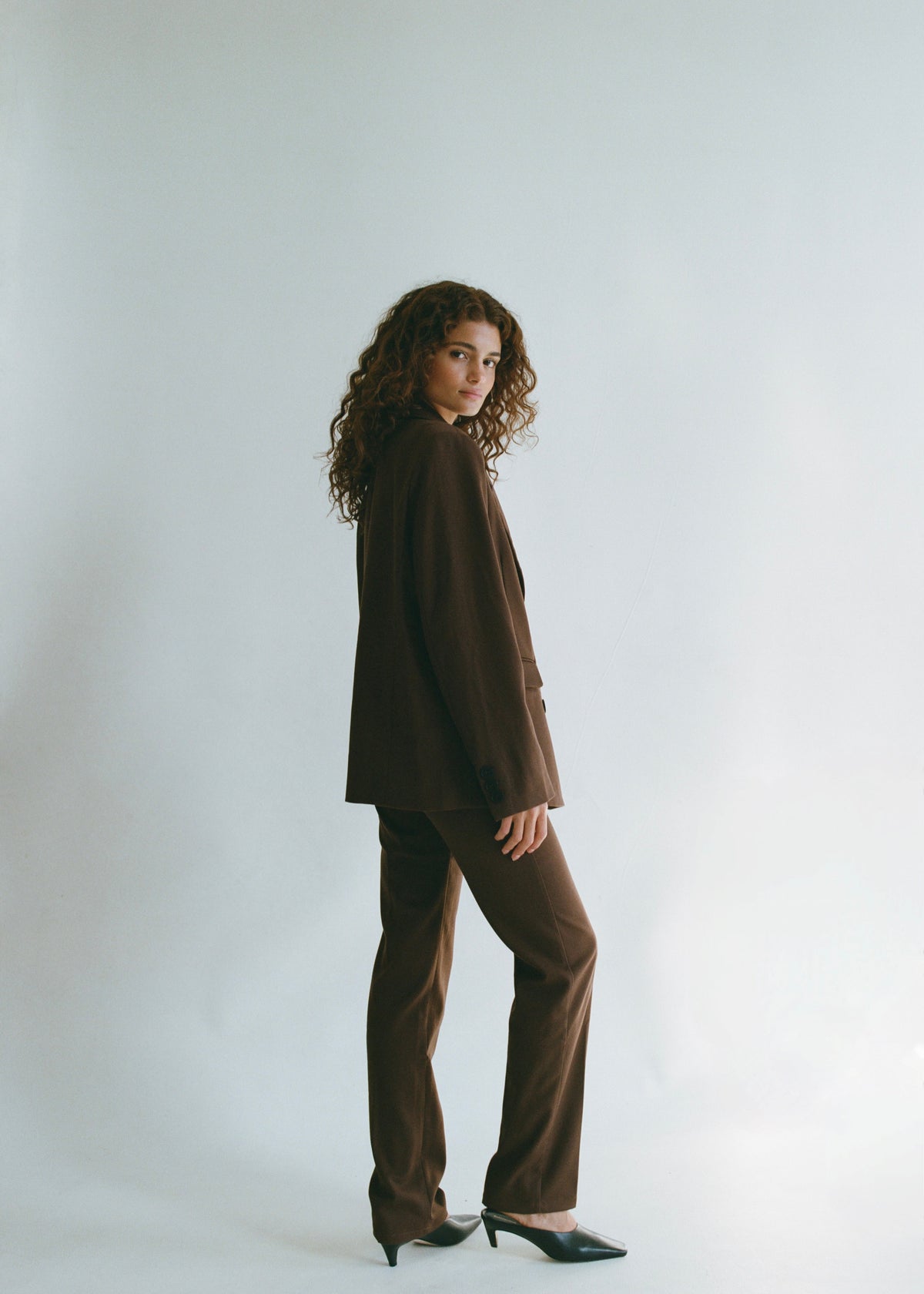 Model wearing Lauren Blazer in Toast — tailored women's work jacket, All My Love