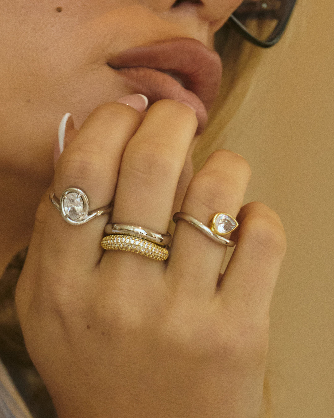 The Bianco Nero Statement Ring in Silver on Model's Index Finger