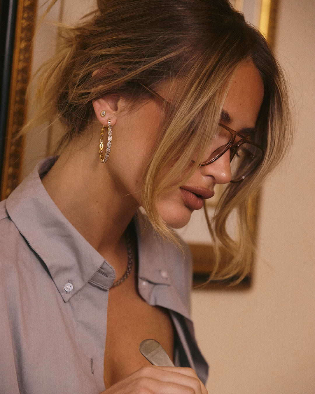 The Luv Aj Georgia Stone Earring Set in Gold on Model