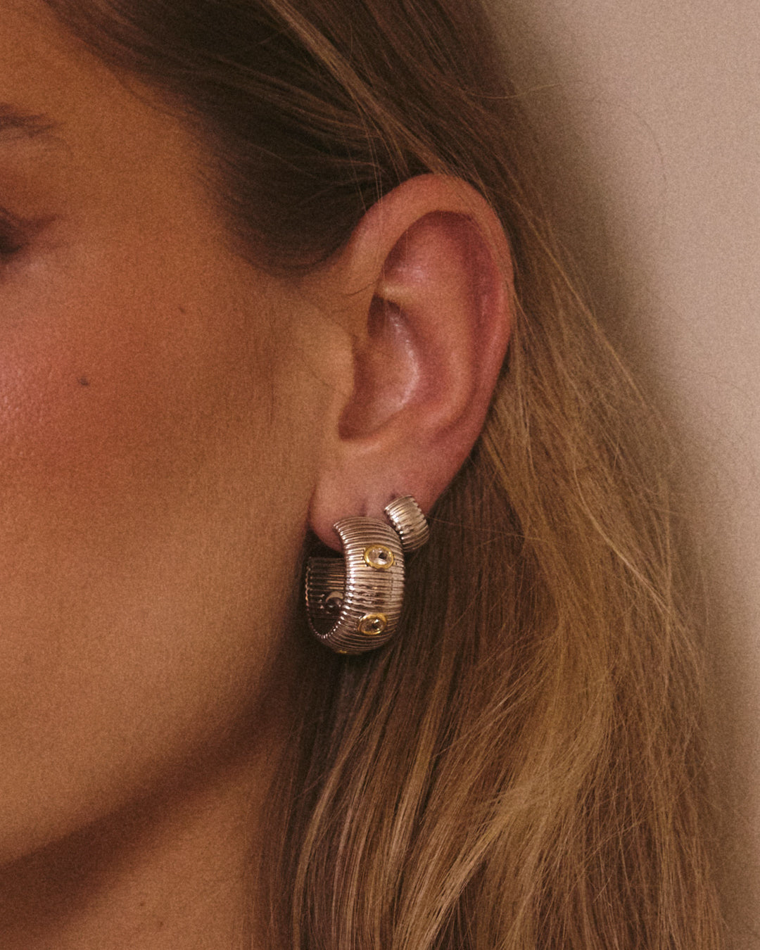 The Luv Aj Georgia Stone Earring Set in Silver on Model's ear