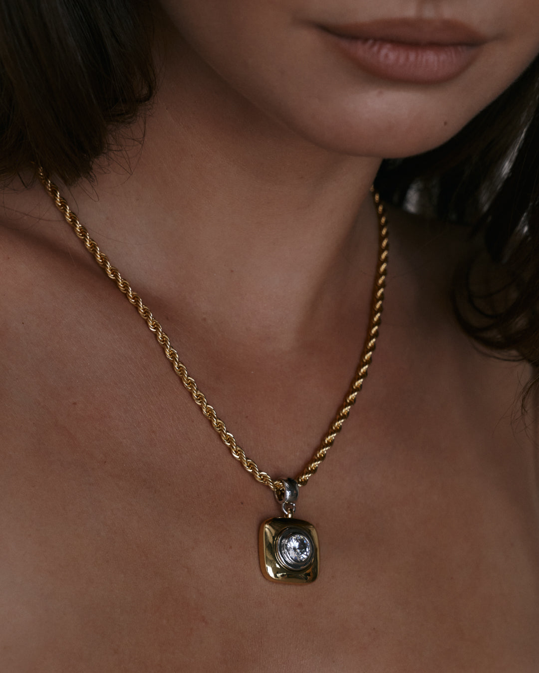 The Luv Aj Luna Bezel Pendant Necklace in Gold on Model