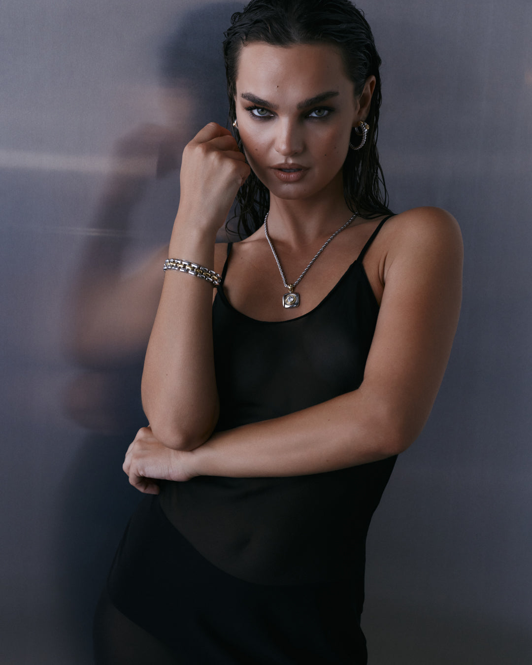 The Luv Aj Luna Bezel Pendant Necklace in Silver on model