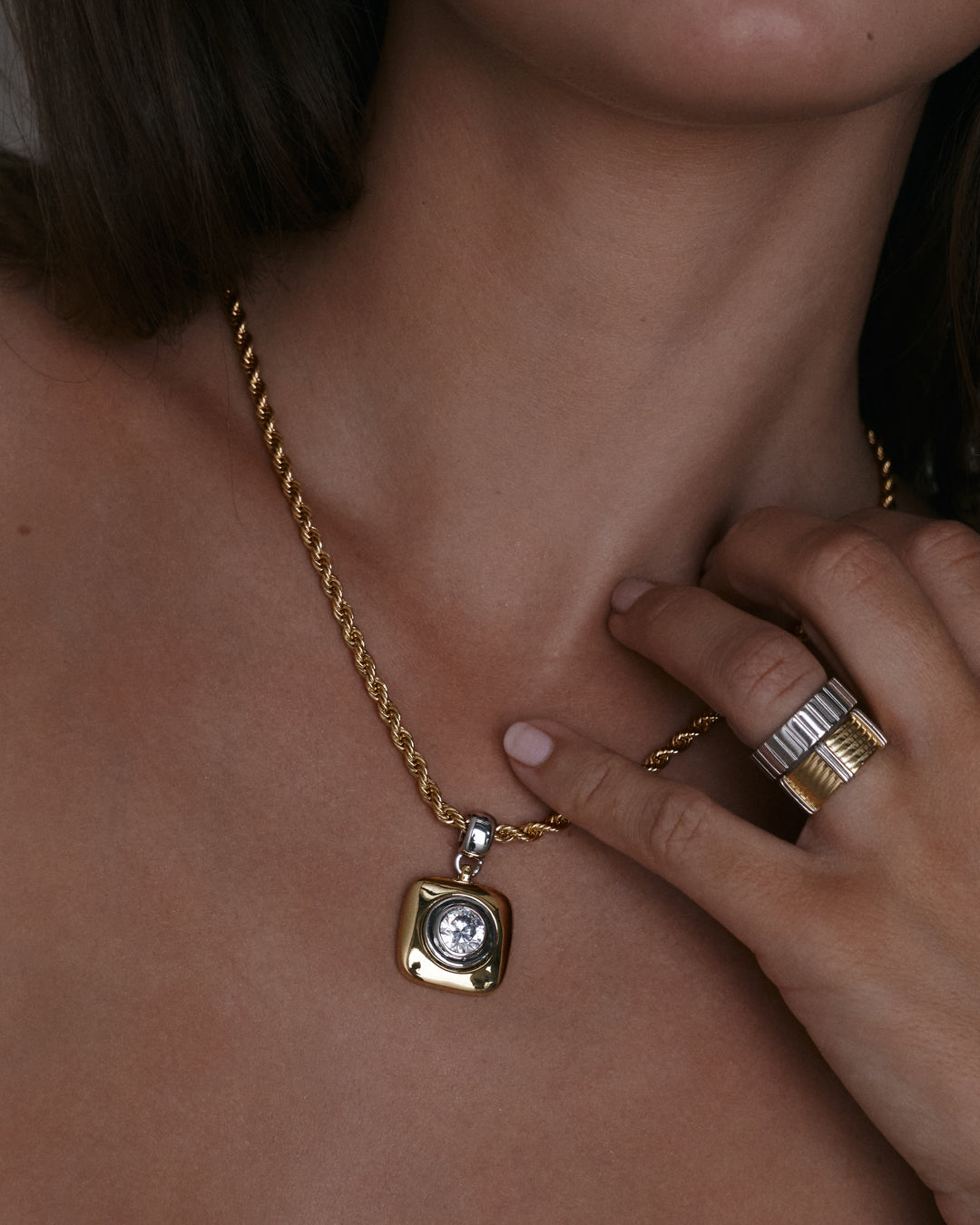 The Luv Aj Luna Bezel Ring Set on Model's ring finger