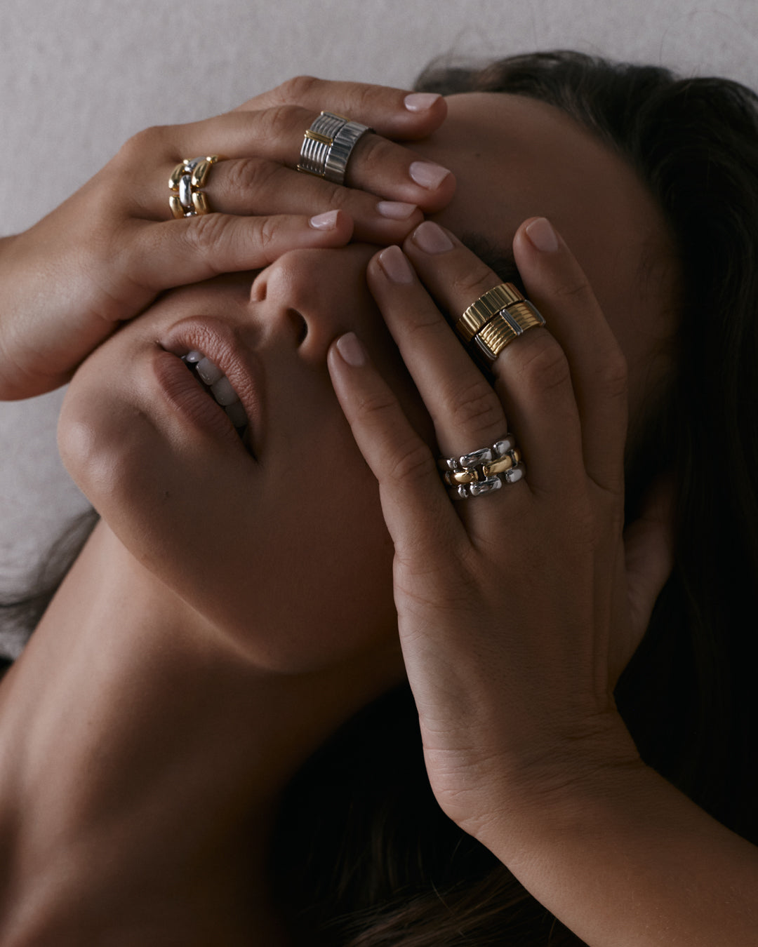 The Luv Aj Luna Bezel Ring Set in Gold and Silver on model
