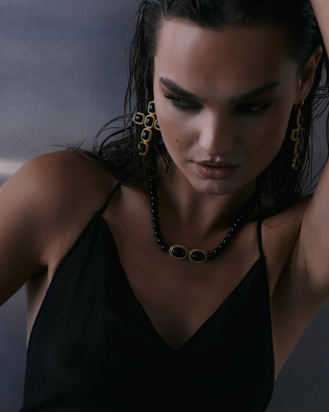 The Luv Aj Midnight Mesa Beaded Necklace in Gold on Model