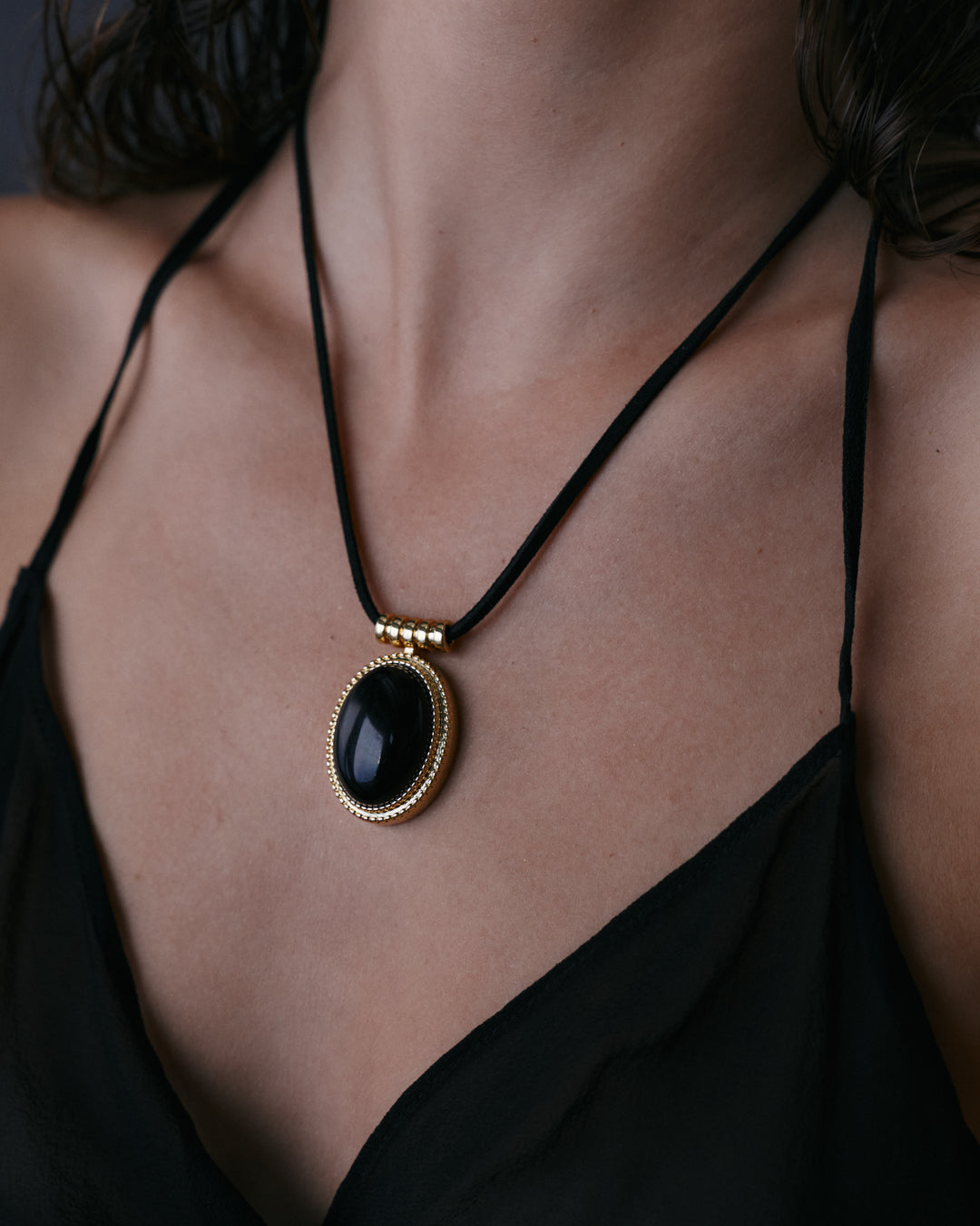The Luv Aj Midnight Mesa Cord Necklace in Gold on Model