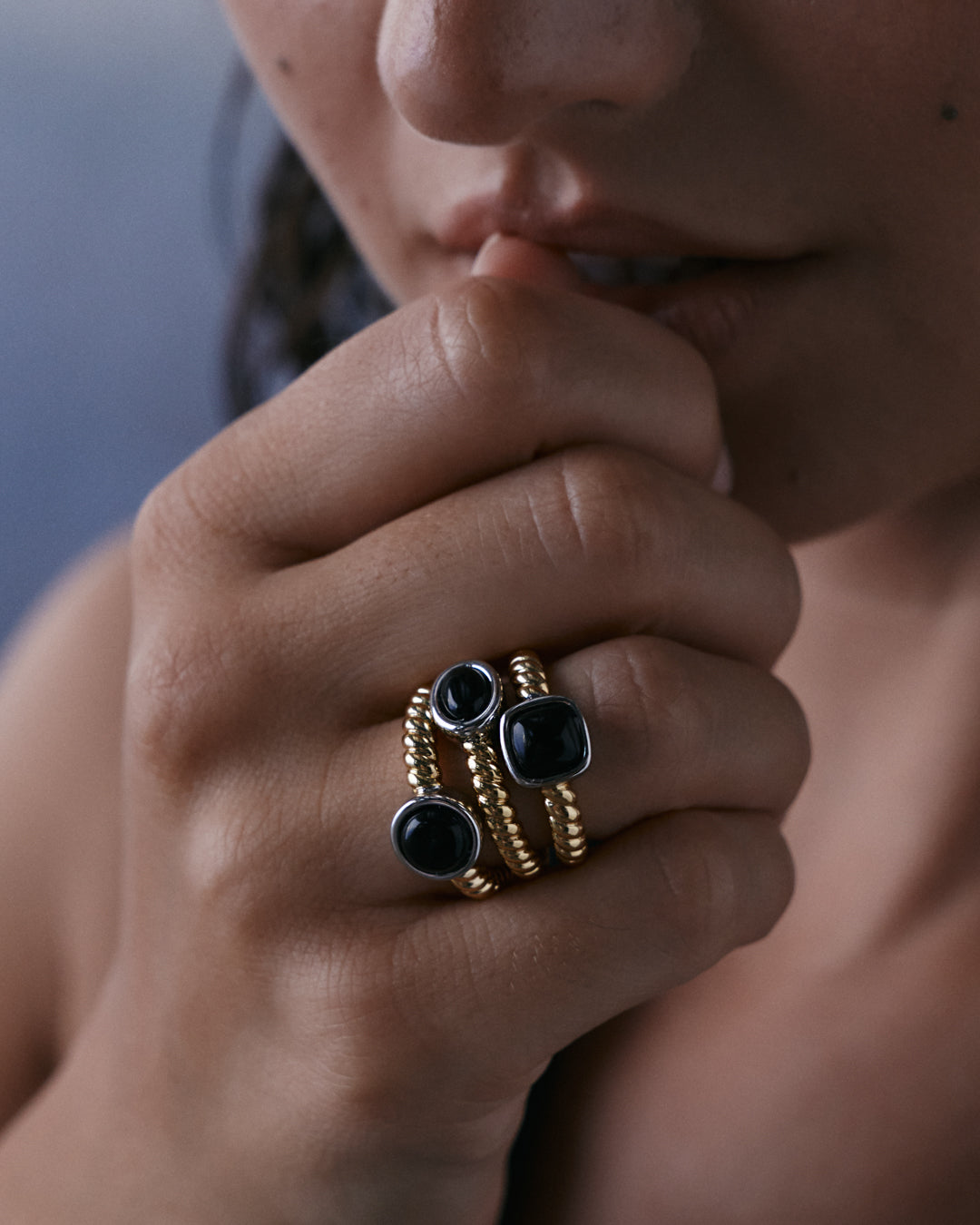 The Luv Aj Midnight Mesa Ring Set in Gold on Model's Hand