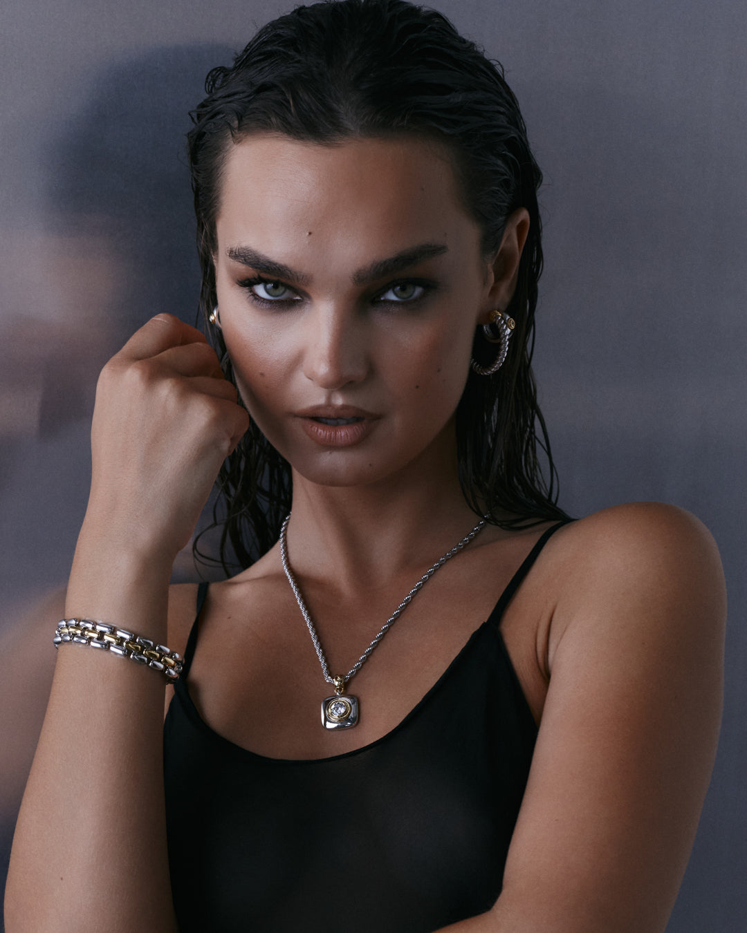 The Luv Aj Noir Link Bracelet in Silver on model