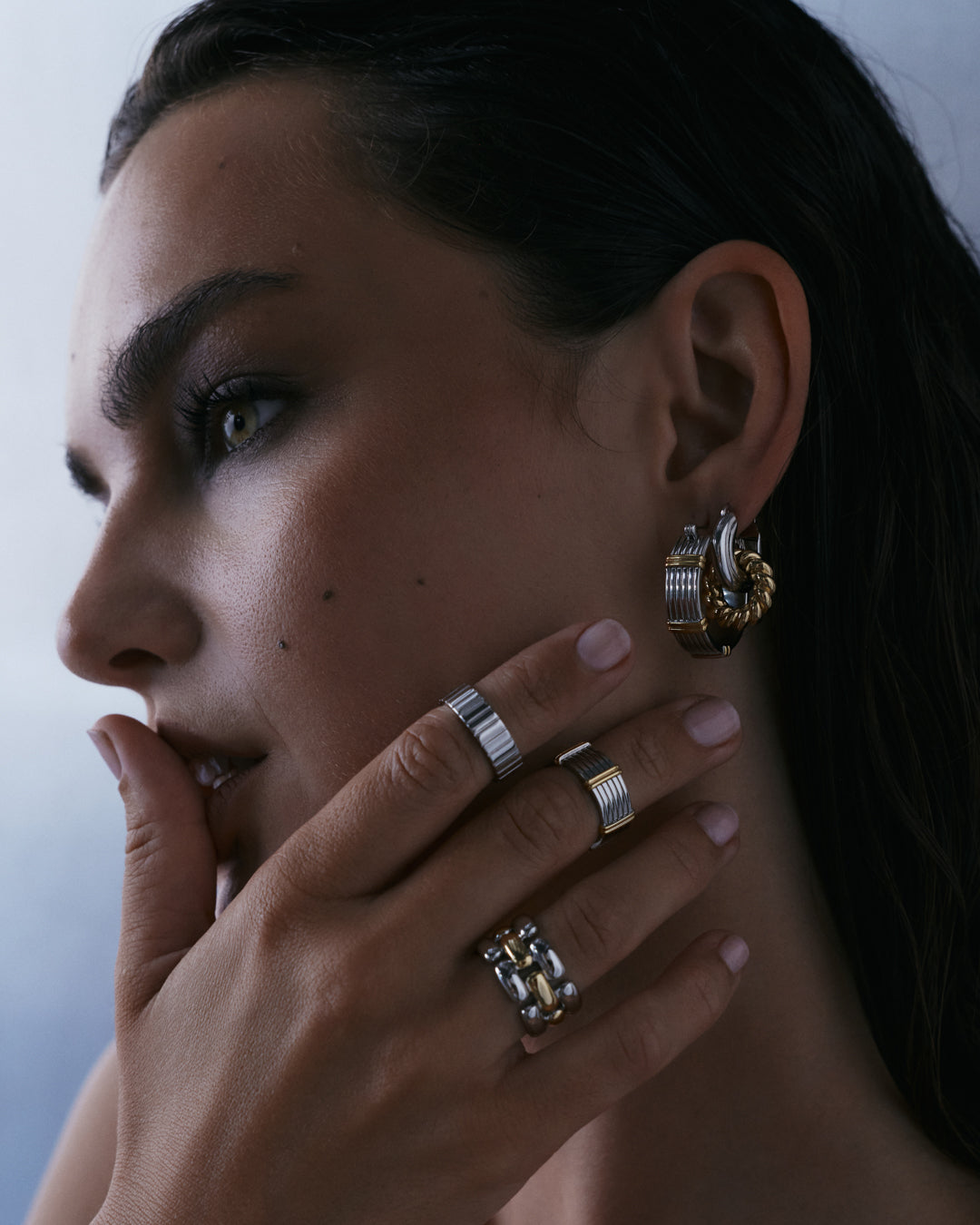 The Luv Aj Noir Link Ring in Silver on Models ring finger