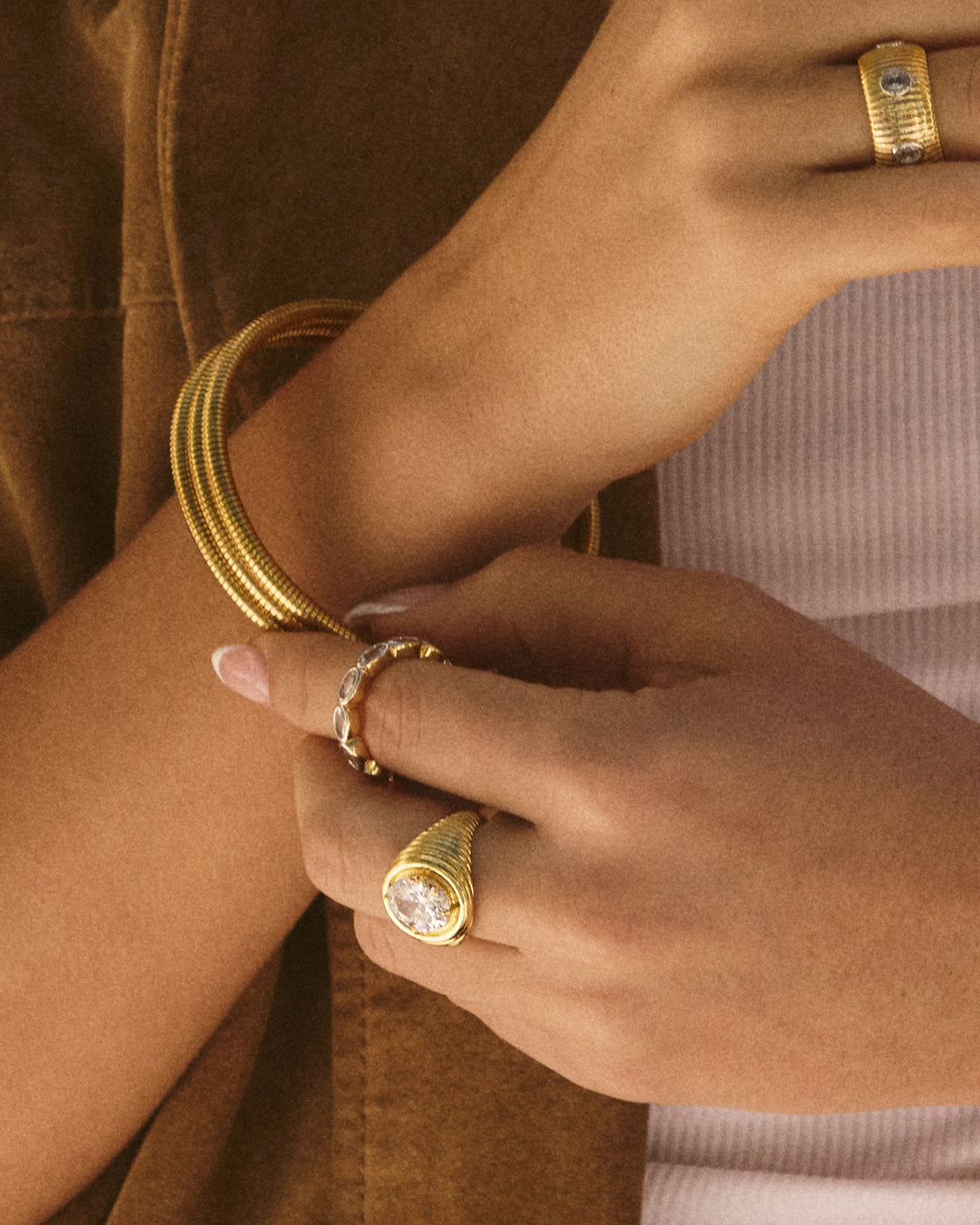 The Luv Aj Palais Eternity Ring in Gold on Model's Index finger
