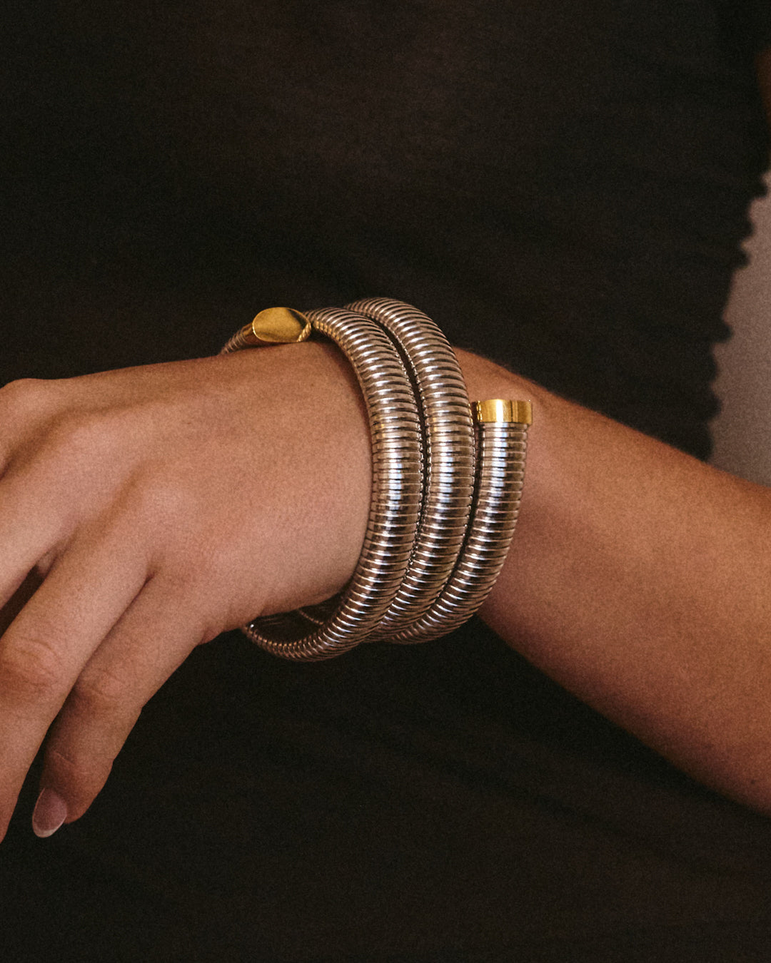 The Luv Aj Palais Flex Snake Chain Bracelet in Silver on Model