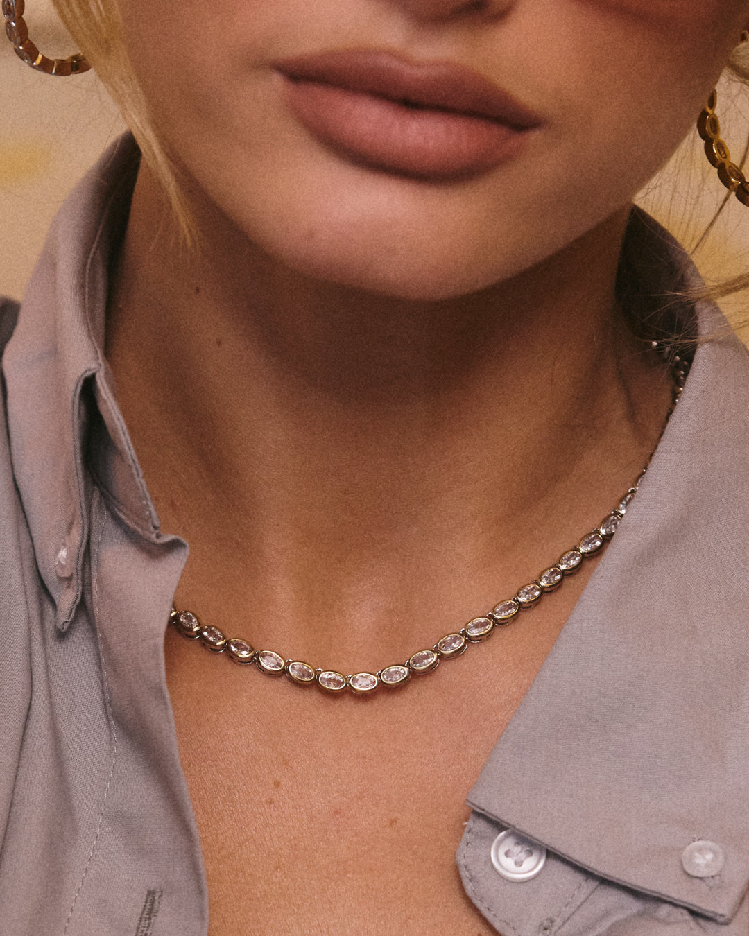 The Luv Aj Palais Tennis Necklace in gold on Model