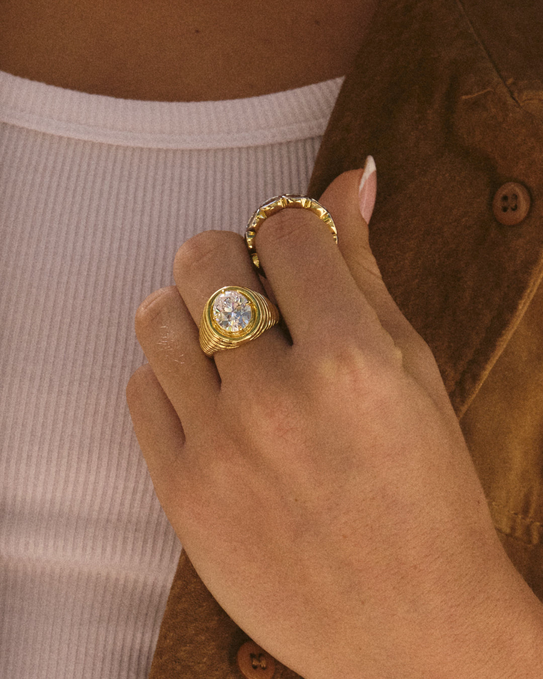 The Luv Aj Reve Ridged Signet Ring in Gold on Model's Hand