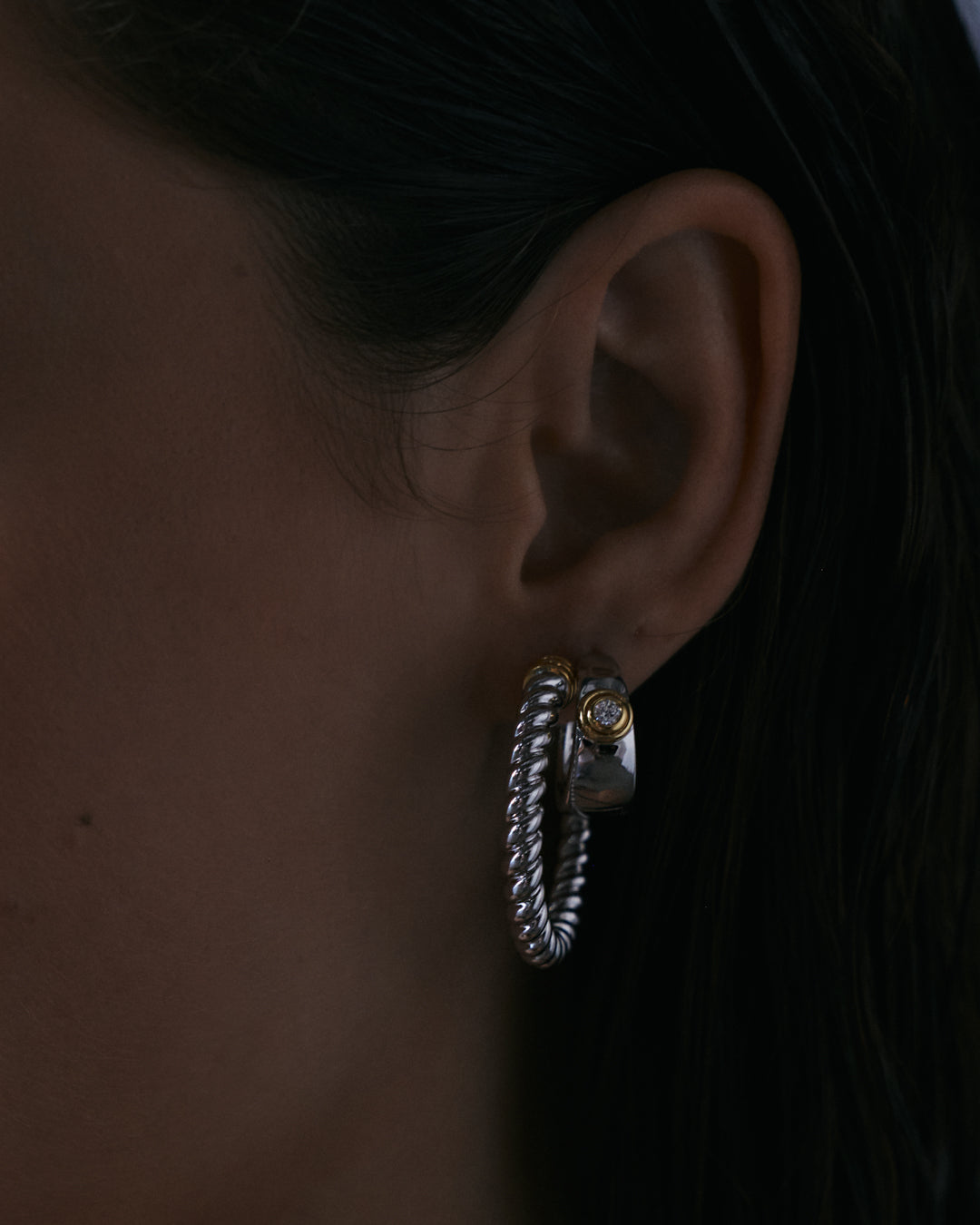 The Luv Aj Sierra Rope Hoops in silver on model