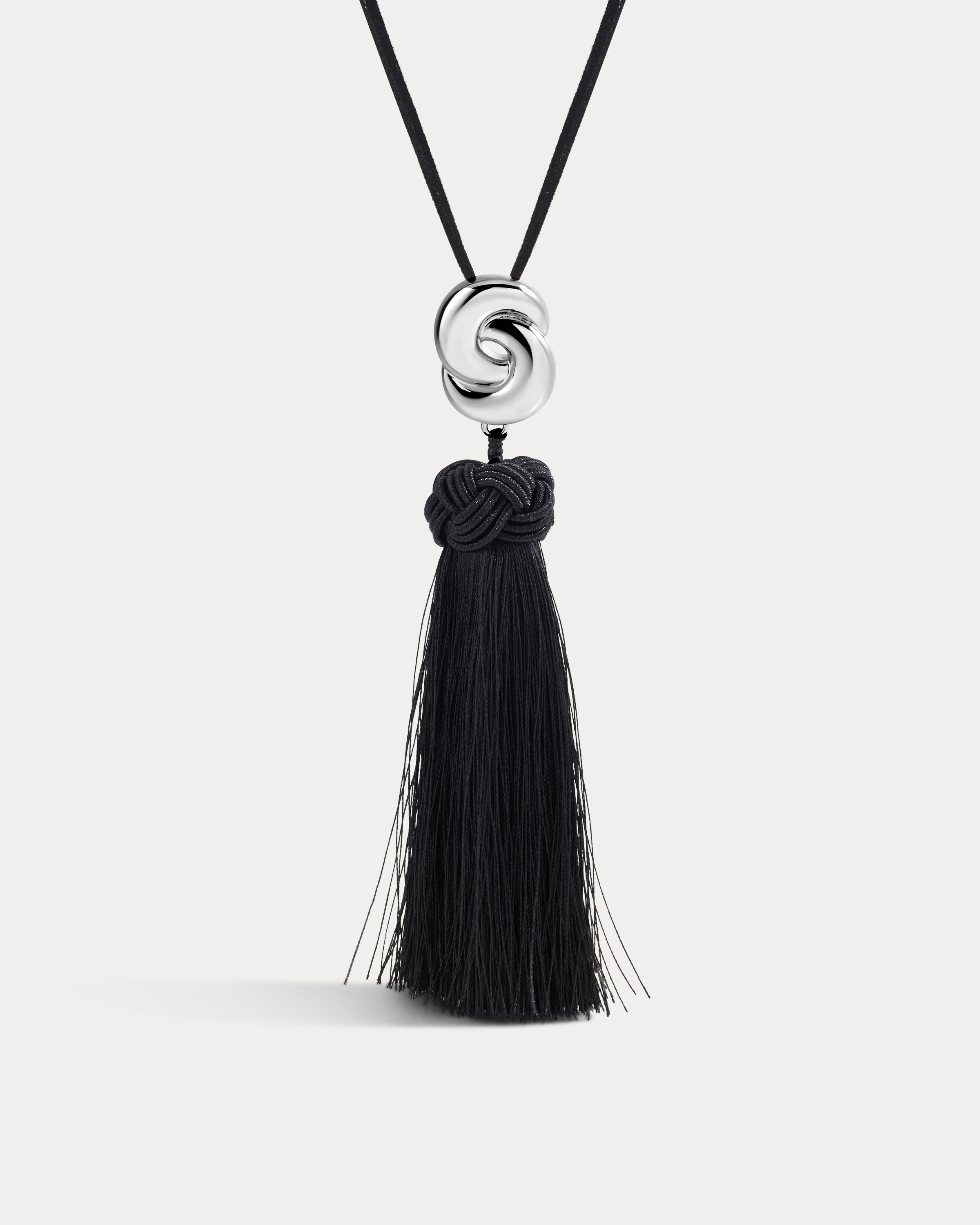 The Luv Aj Solstice Knot Tassel Necklace in Silver on white background
