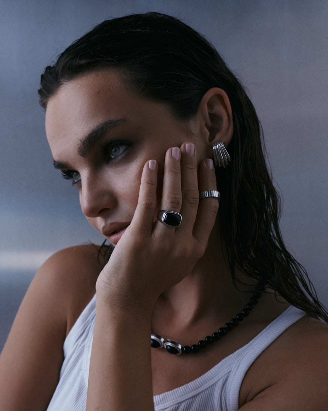 The Luv Aj Sundown Statement Studs in Silver on Model