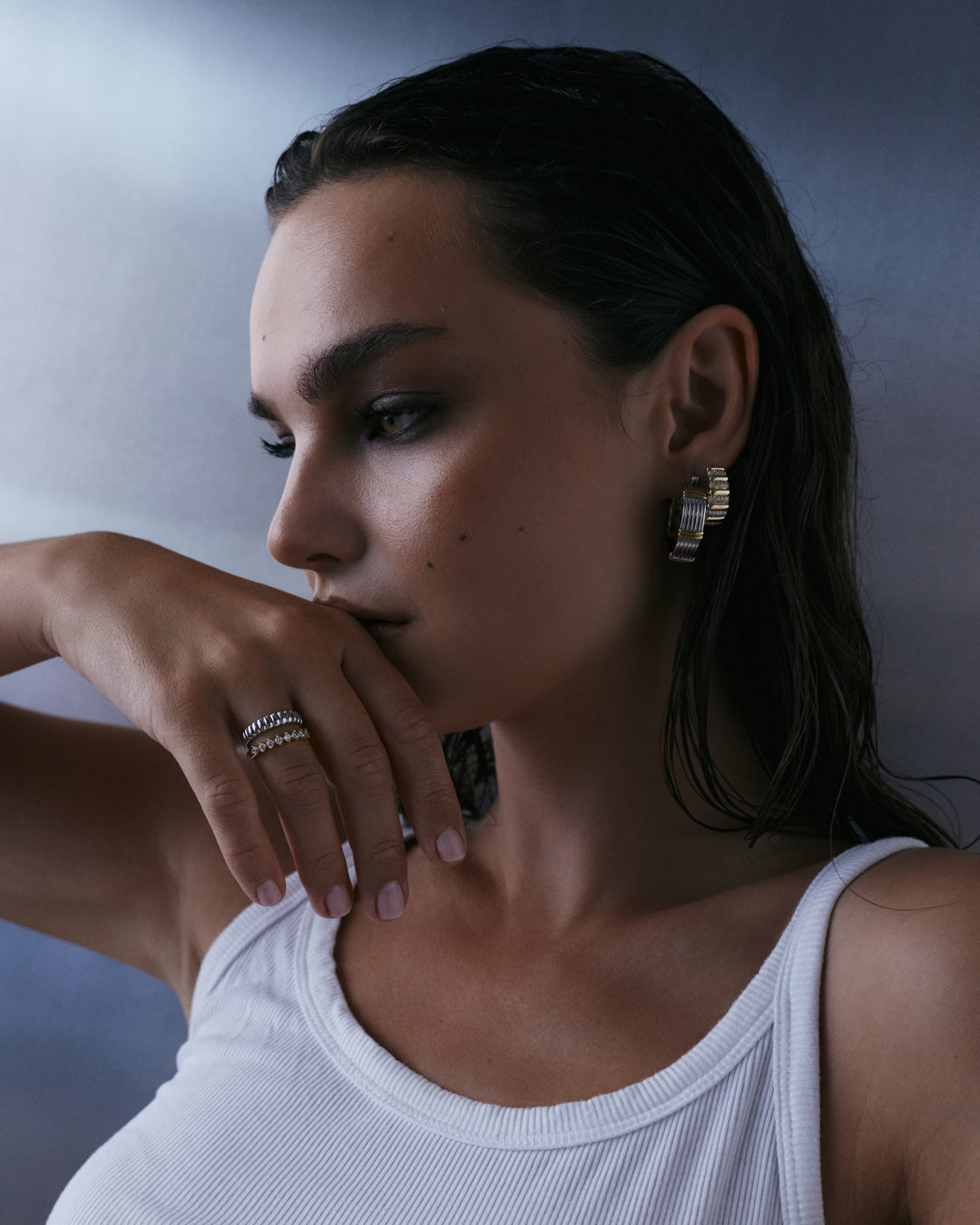 The Luv Aj Two Tone Sierra Bar Hoops in silver on Model