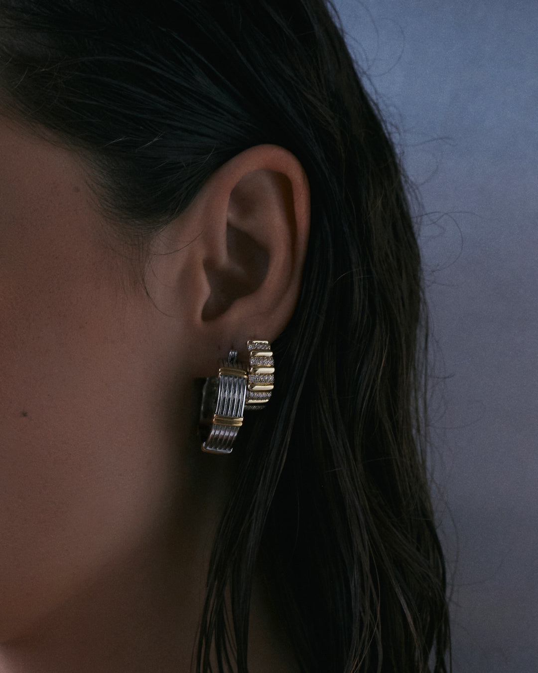 The Luv Aj Two Tone Sierra Bar Hoops in Silver on Model