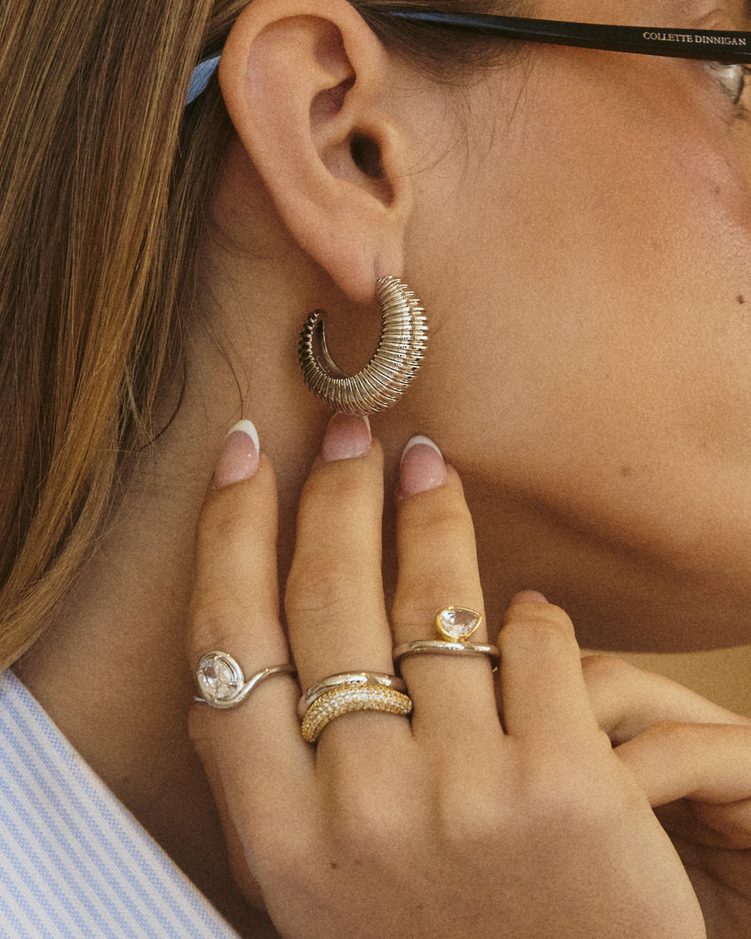 The Luv Aj XL Georgia Ridged Hoops in Silver on Model