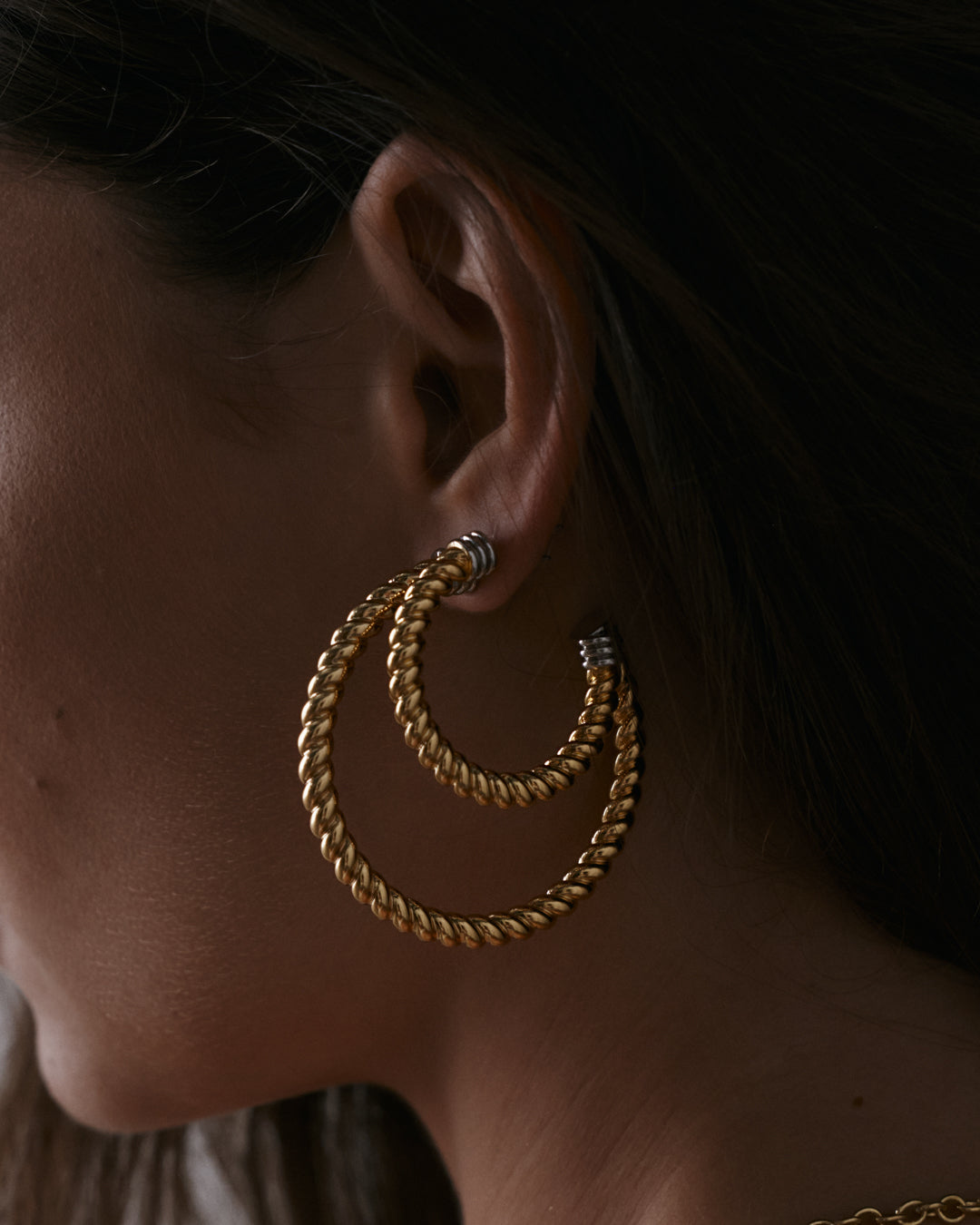 The Luv Aj XL Sierra Rope Hoops and Sierra Rope Hoops in Gold on Model