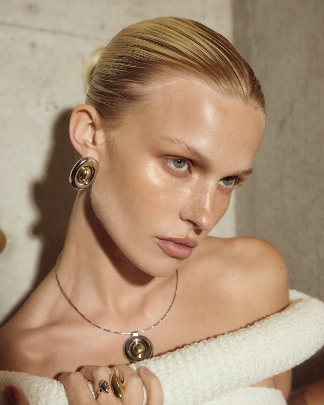 Luv Aj Two-Tone Chrome Orb Statement Studs on Model