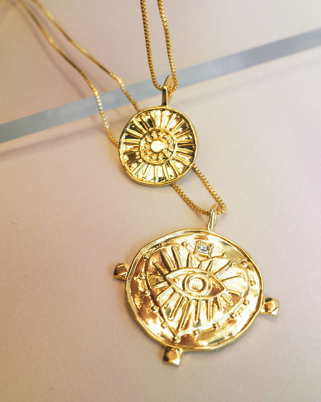 Evil Eye Double Coin Necklace- Gold