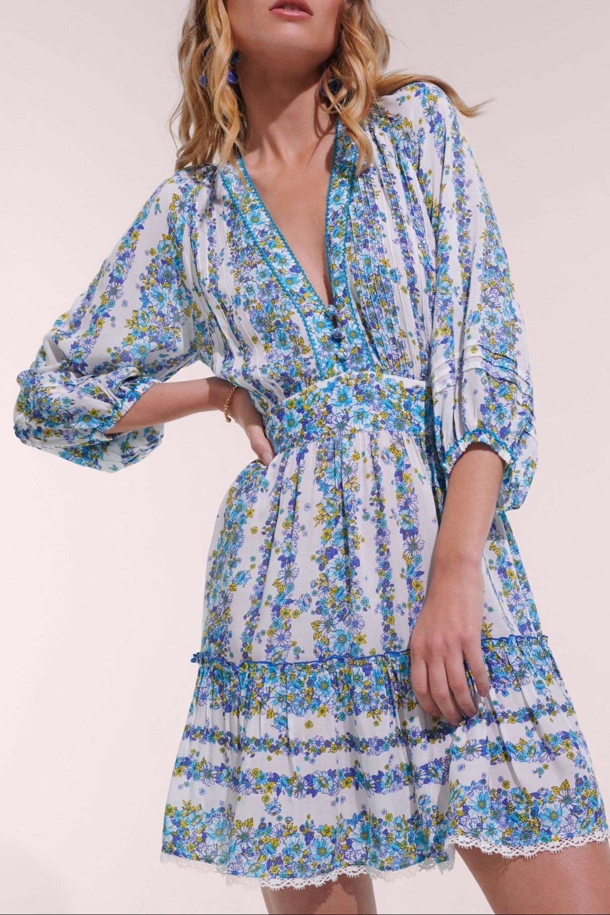 Mini Dress Bera - Blue Waves Flowers - Poupette St Barth