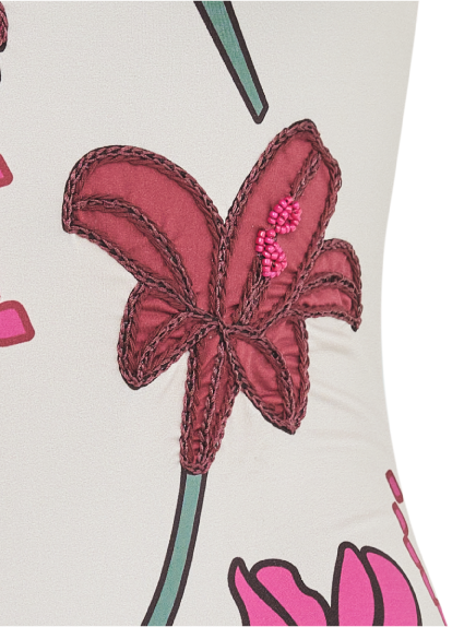 Torre Del Cielo Embroidered One Piece / Beige Fuchsia Flowers