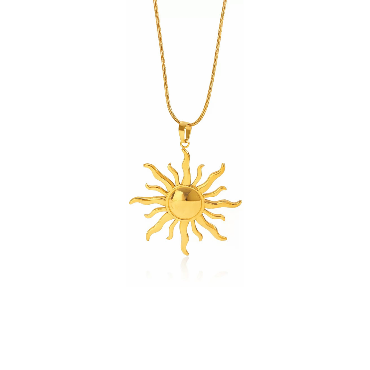 Gold metal sun pendant necklace, shiny and elegant.
