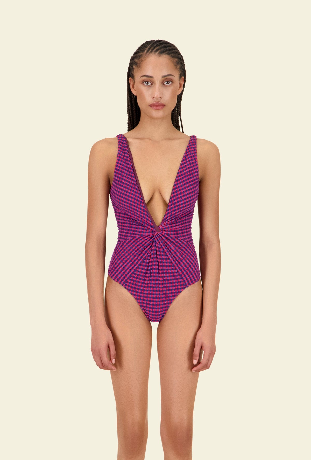 The Olivia One Piece in Fig Plaid
