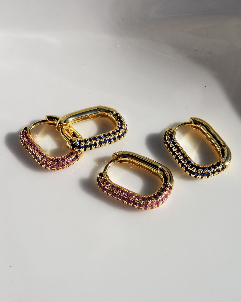 Pave Chain Link Huggies- Blue Sapphire- Gold