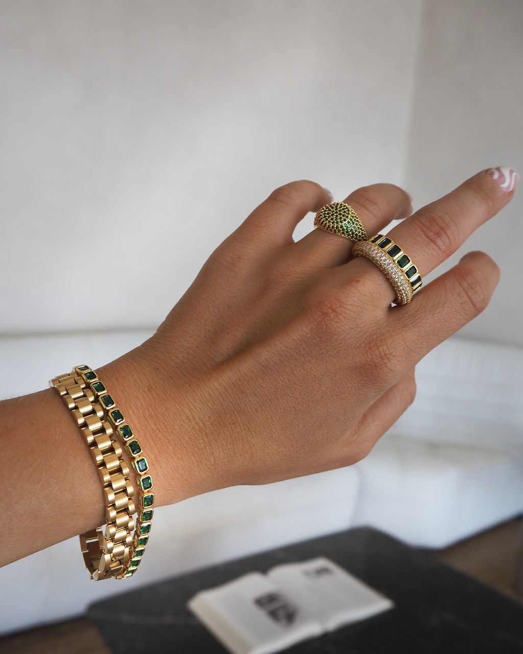 Bezel Emerald Ballier Ring- Emerald Green- Gold