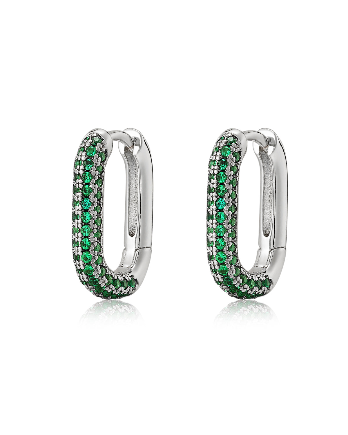 Pave Chain Link Huggies- Emerald Green- Silver