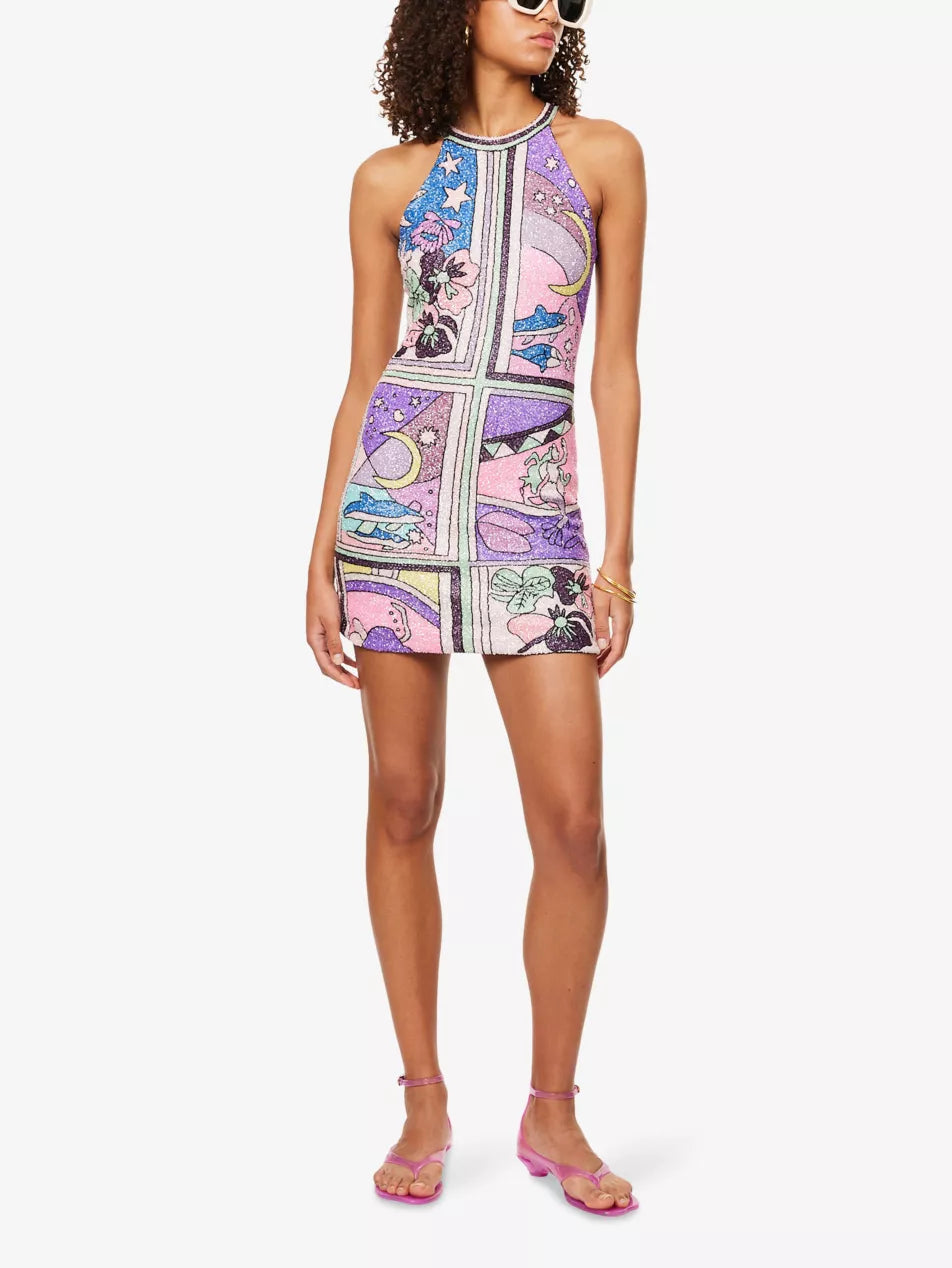 Talia Halterneck Purple and Blue Beaded Dress
