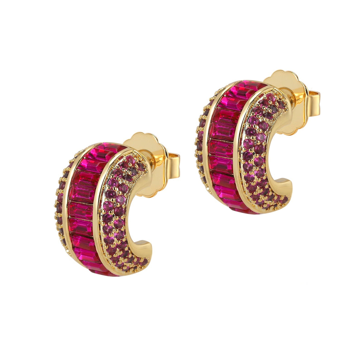 Gold hoop earrings with pink gemstones on a white background