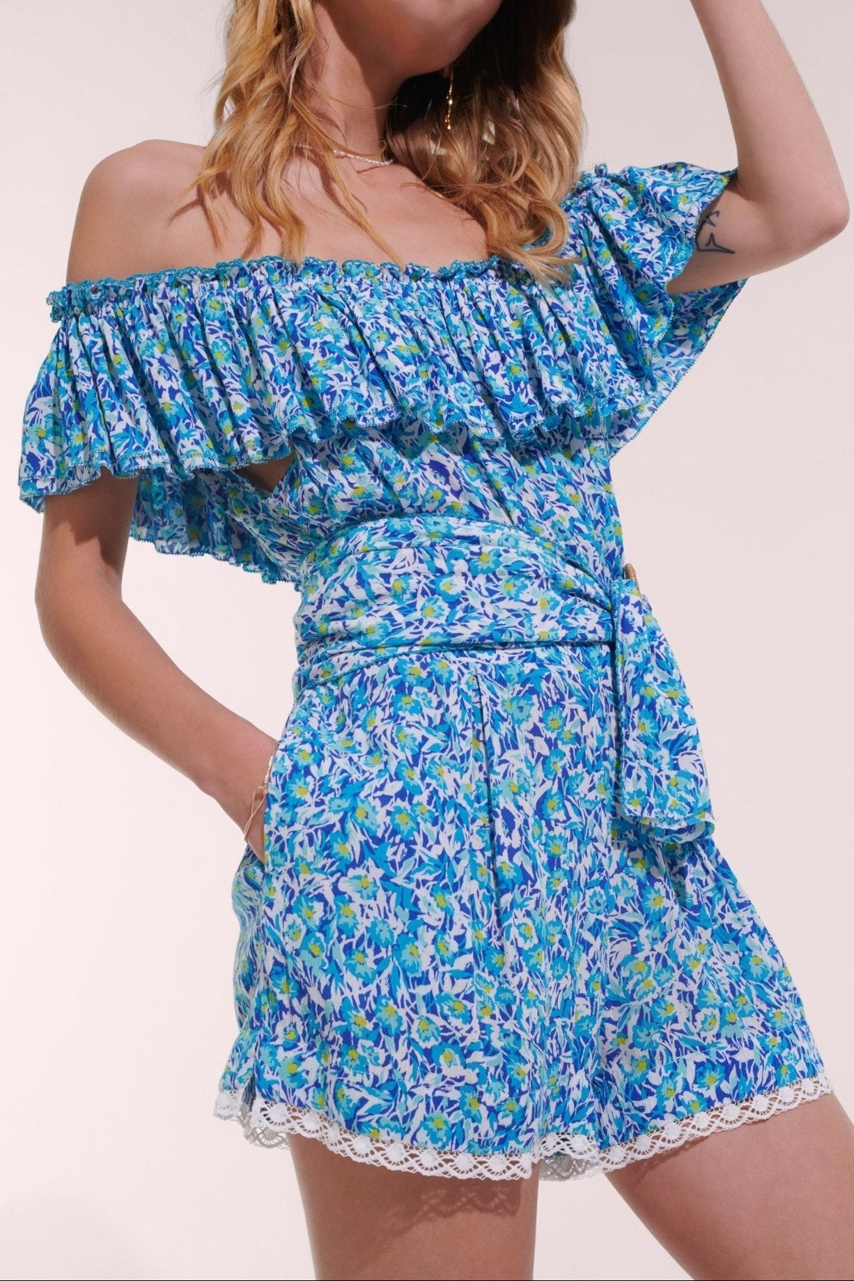 Short Jumpsuit Bella - Blue Ocean Flowers - Poupette St Barth