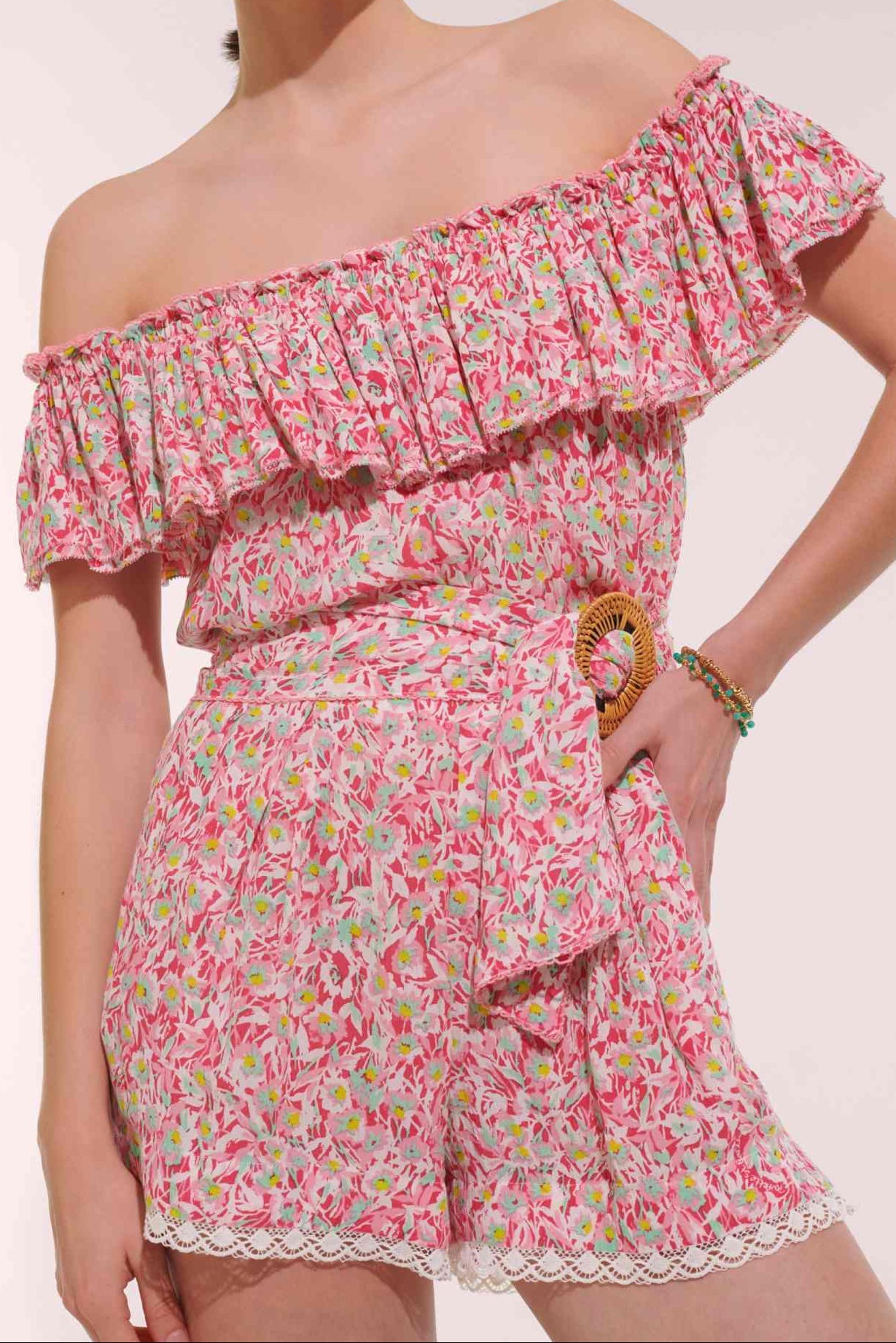 Short Jumpsuit Bella - Pink Ocean Flowers - Poupette St Barth